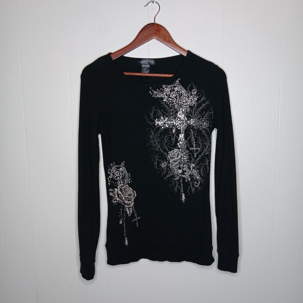 VTG Y2K From Los Angeles by Bus Stop Top L Black Embellished Cross Vines Goth